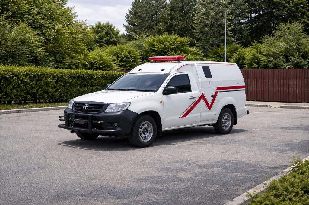 Armoured Toyota Hilux pickup used by NGOs for field operations in high risk areas