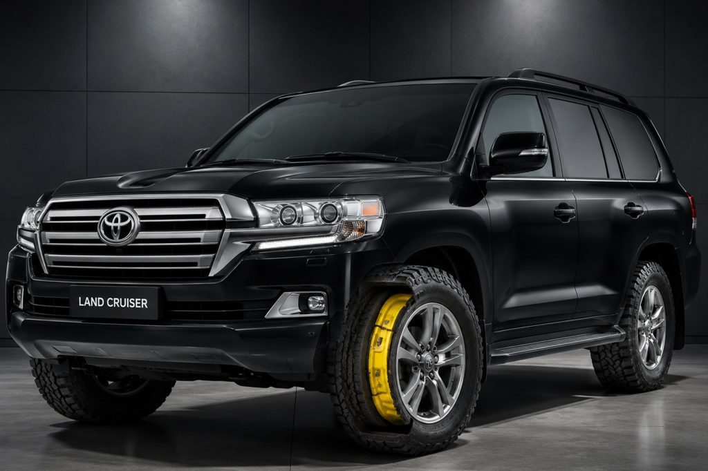 A black land cruiser with run flat tyres 