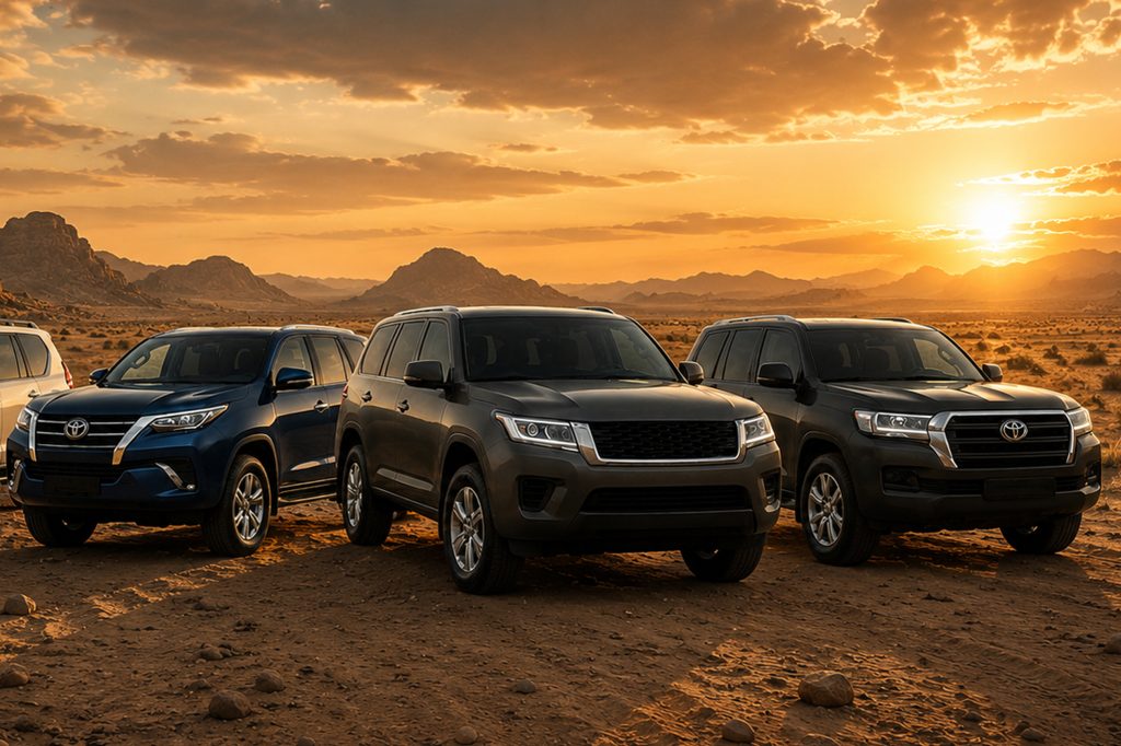 Top bulletproof cars Pakistan armoured Toyota Land Cruiser and SUV lineup parked in desert terrain at sunset